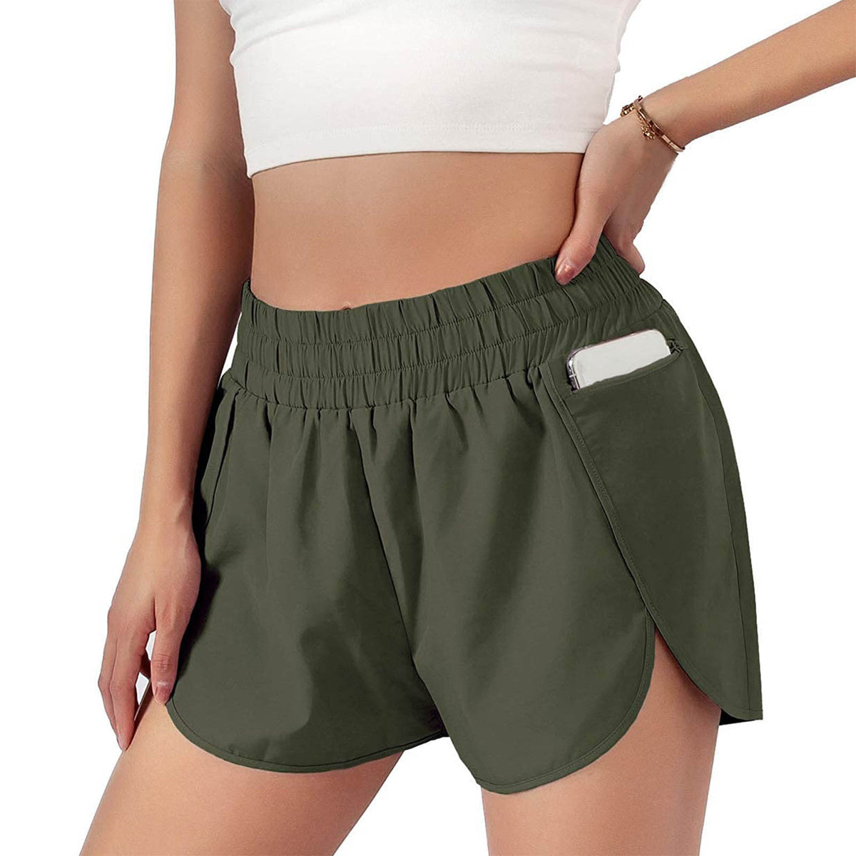 Elastic Waist Split Hem Running Shorts - green