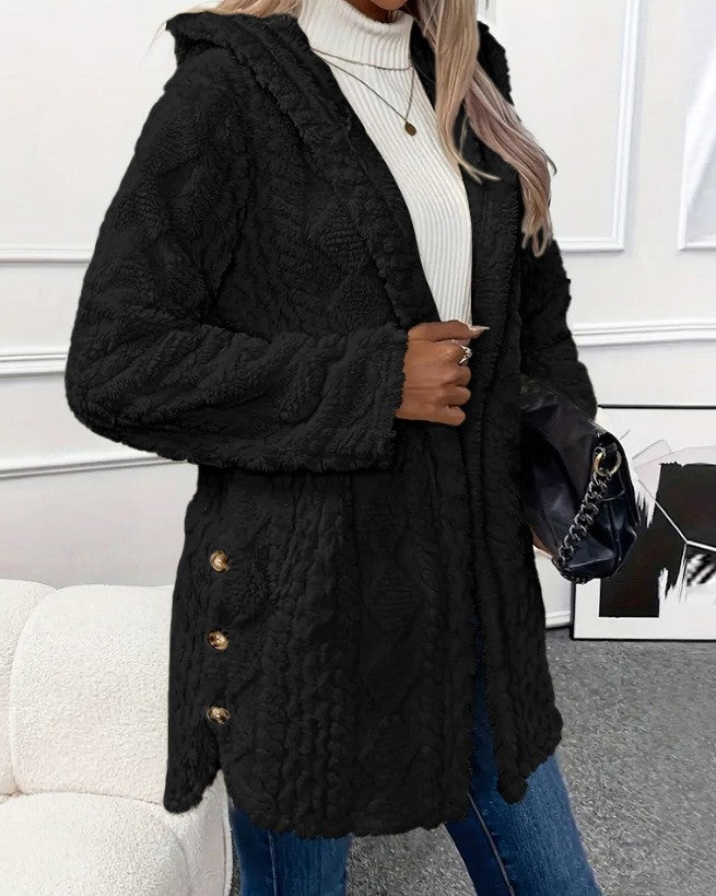 Hooded Textured Faux Fur Button Coat - Black