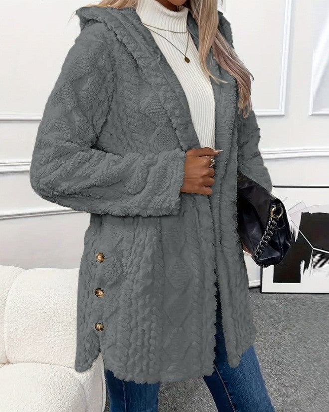 Hooded Textured Faux Fur Button Coat - Gray