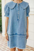 Oversized Collar Puff Sleeve Denim Dress - Blue
