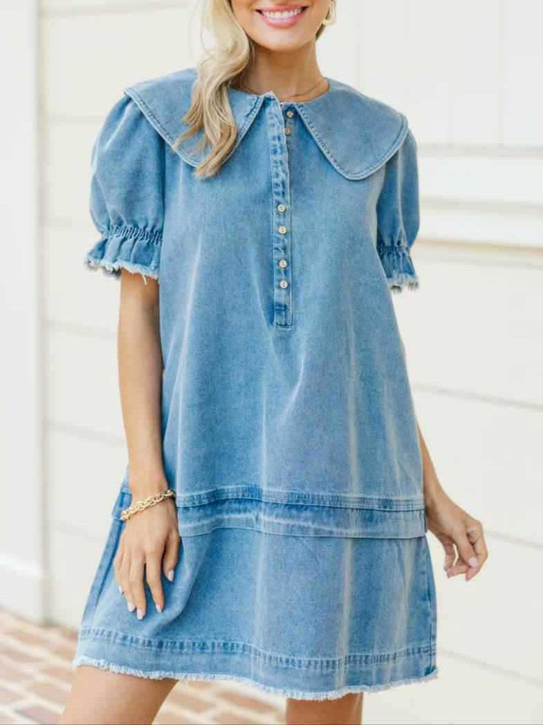 Oversized Collar Puff Sleeve Denim Dress