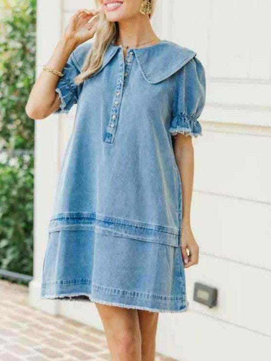 Oversized Collar Puff Sleeve Denim Dress - view 1