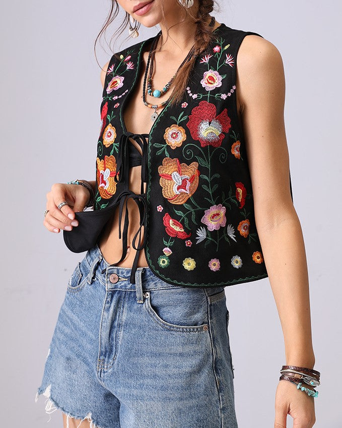 Boho Floral Embroidered Sleeveless Vest - Black