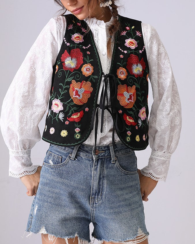 Boho Floral Embroidered Sleeveless Vest - Black - 1