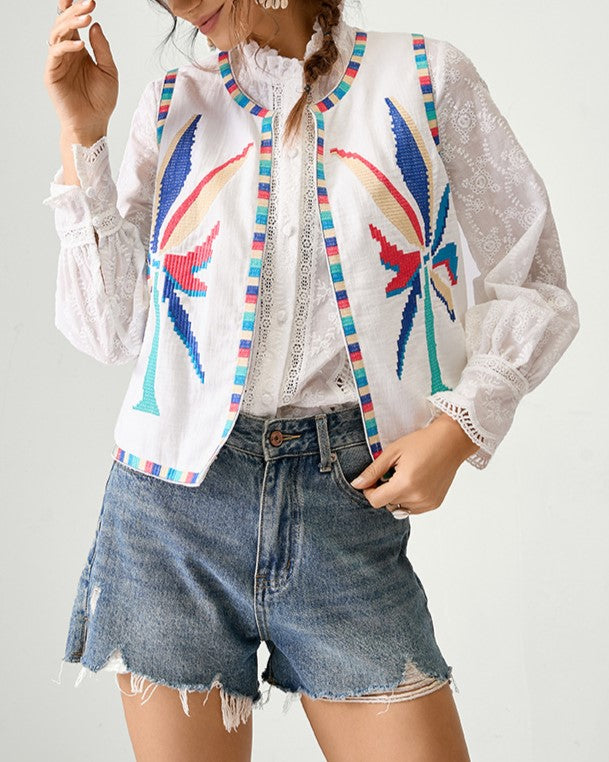 Boho Floral Embroidered Sleeveless Vest - Coconut