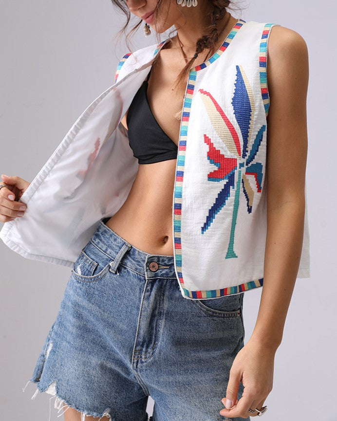 Boho Floral Embroidered Sleeveless Vest - Coconut - 1
