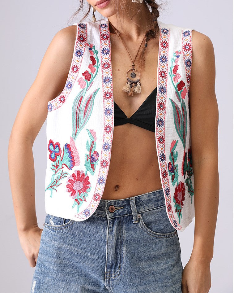 Boho Floral Embroidered Sleeveless Vest - Plant