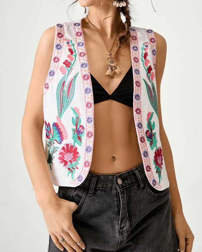 Boho Floral Embroidered Sleeveless Vest - Plant - 1