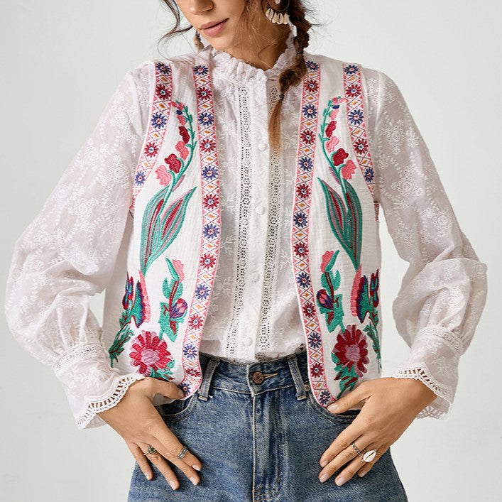 Boho Floral Embroidered Sleeveless Vest - Plant - 2