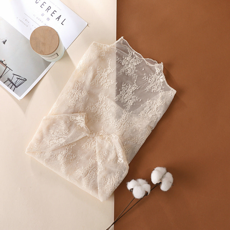 Sheer Botanical Lace Long Sleeve Top - Beige