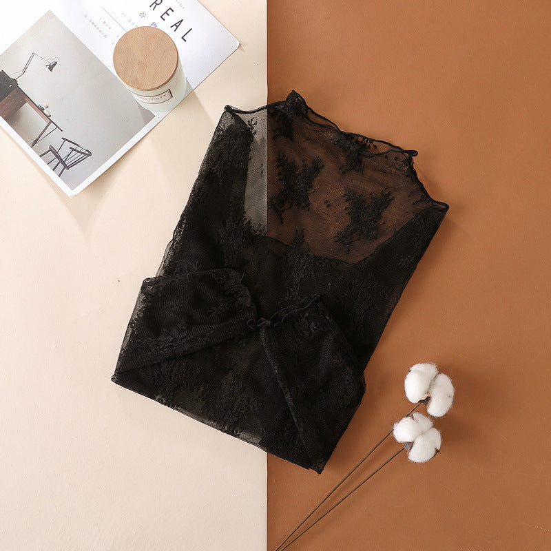 Sheer Botanical Lace Long Sleeve Top - Black