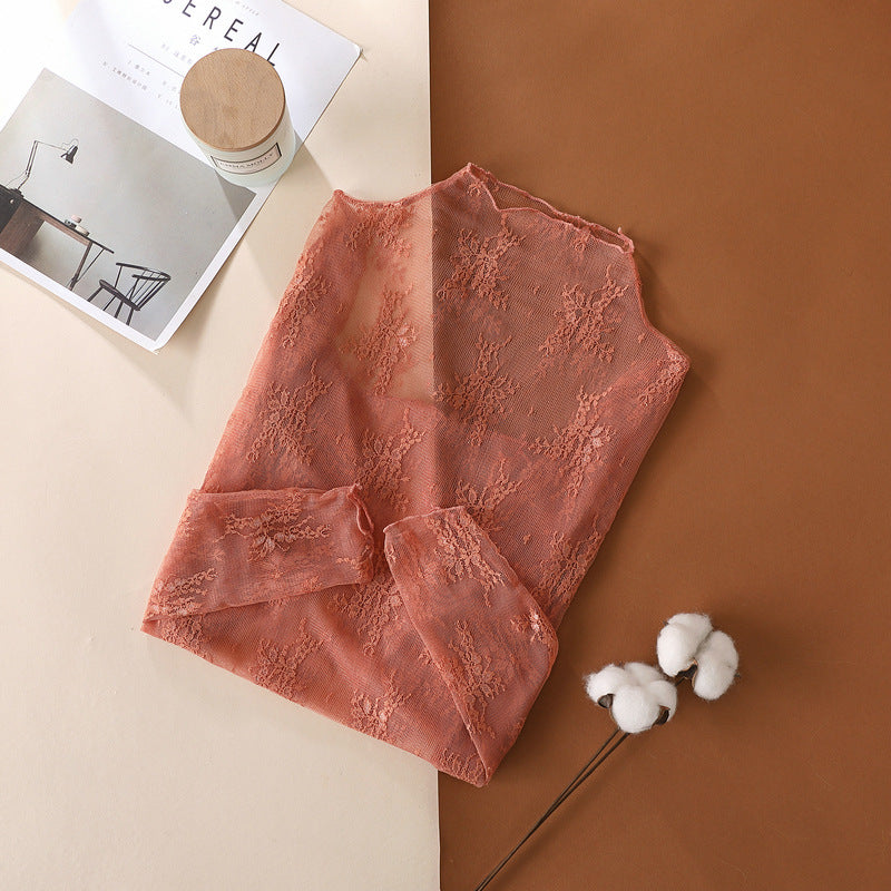 Sheer Botanical Lace Long Sleeve Top - Caramel