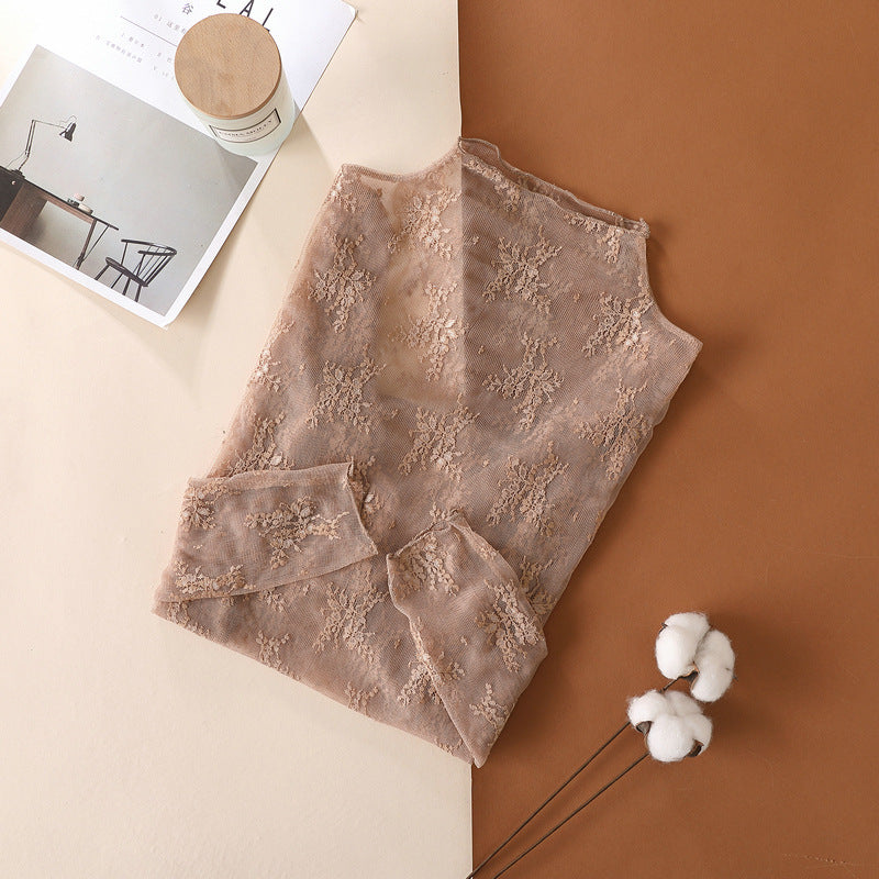 Sheer Botanical Lace Long Sleeve Top - taupe