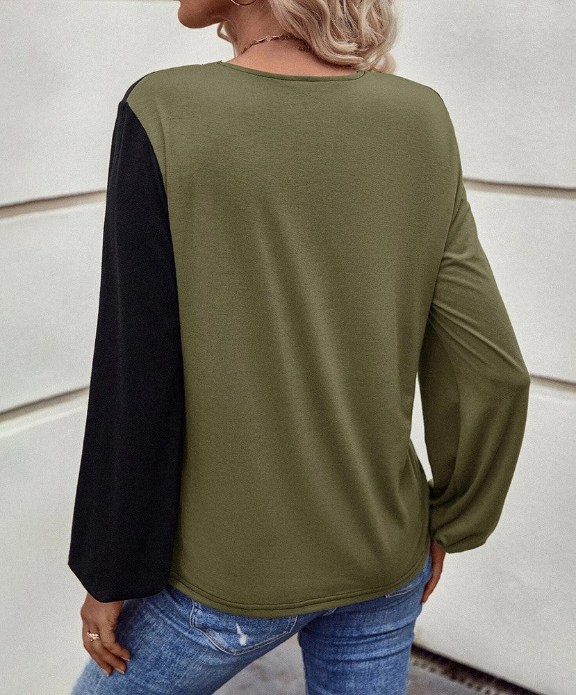 Colorblock V Neck Button Front Blouse - Military Green - 3