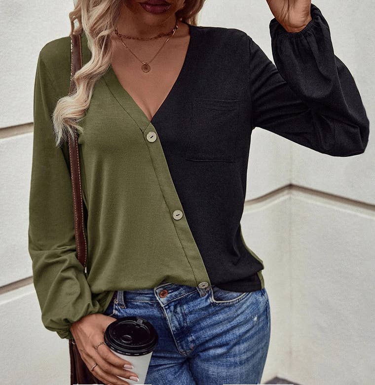 Colorblock V Neck Button Front Blouse