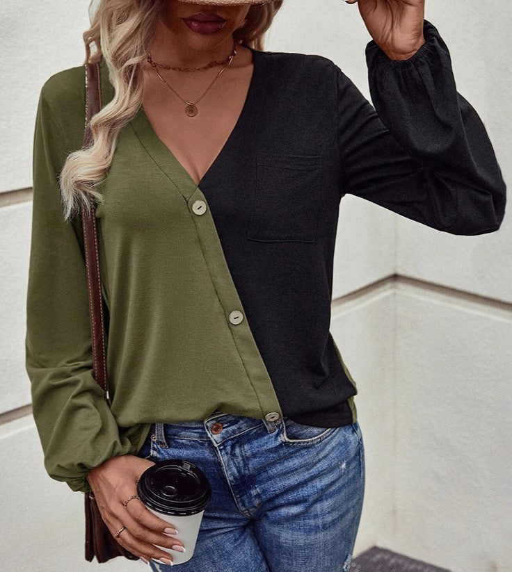 Colorblock V Neck Button Front Blouse - view 1