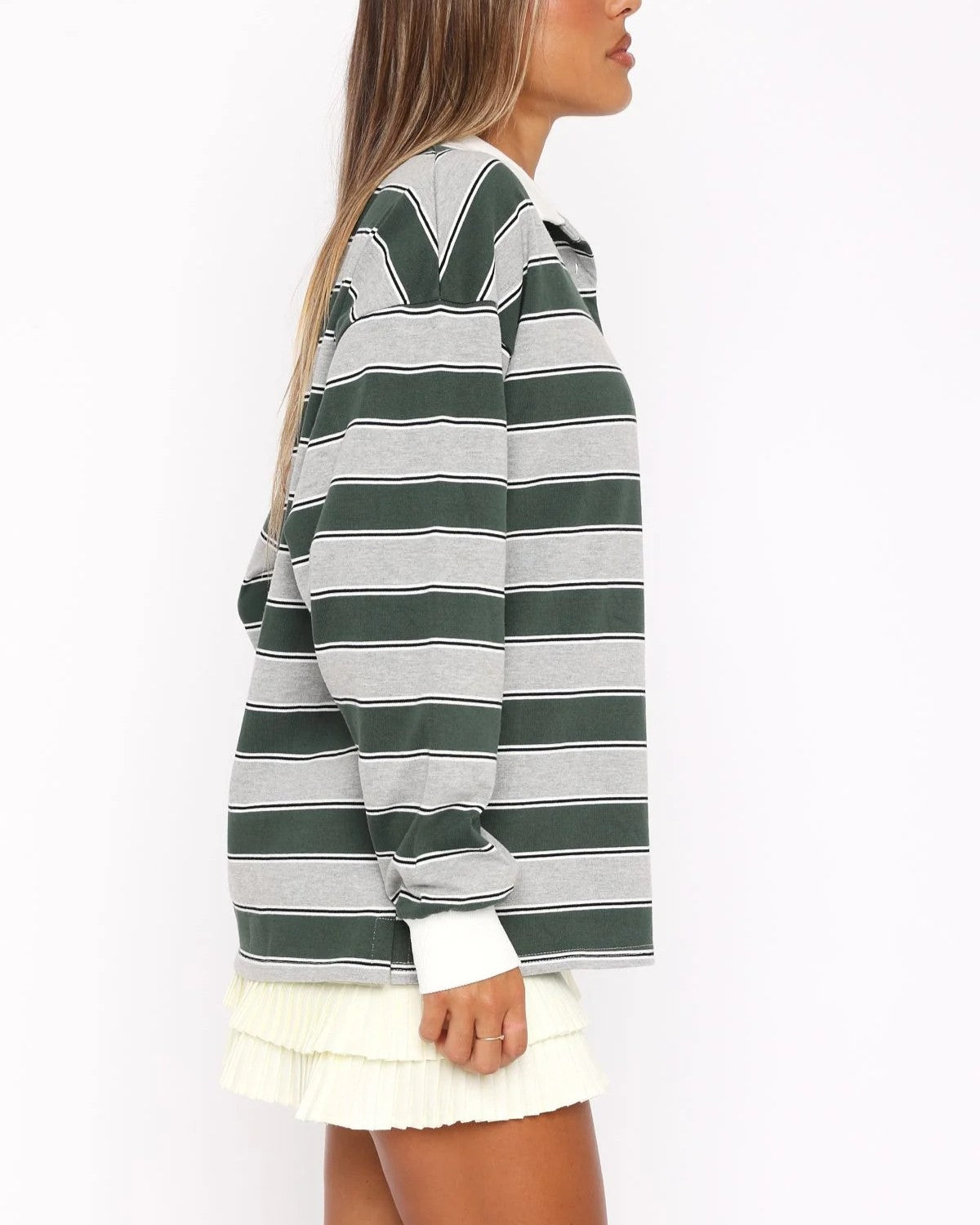 Striped Rugby Collar Long Sleeve Tee - Green