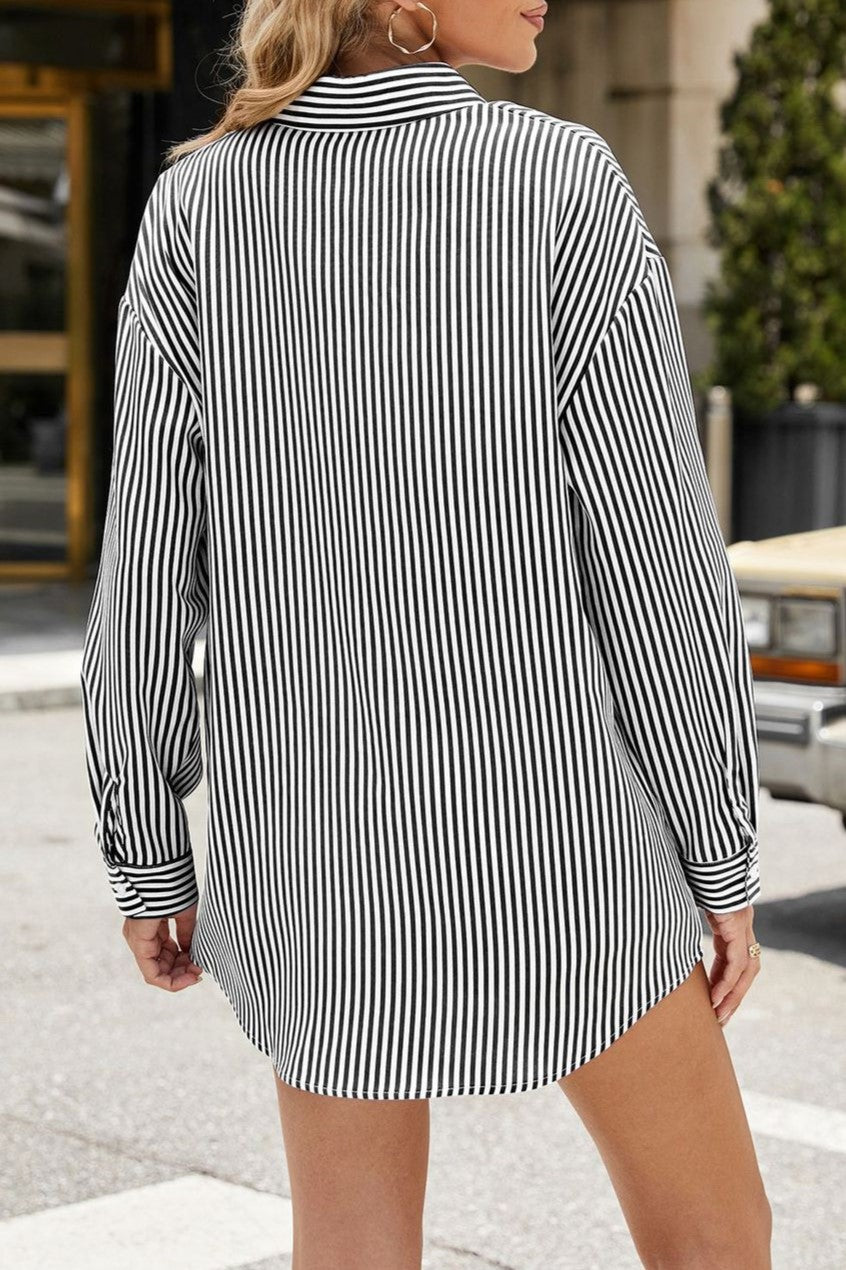Longline Pinstripe Button Down Shirt - Black - 3