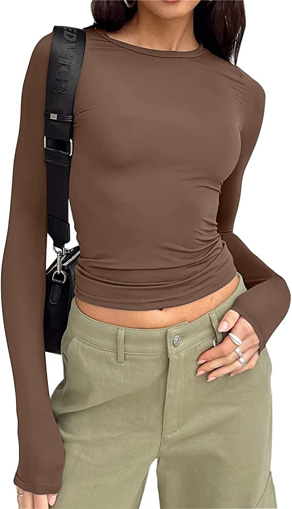 Slim Fit Crew Neck Basic Top - Brown_L
