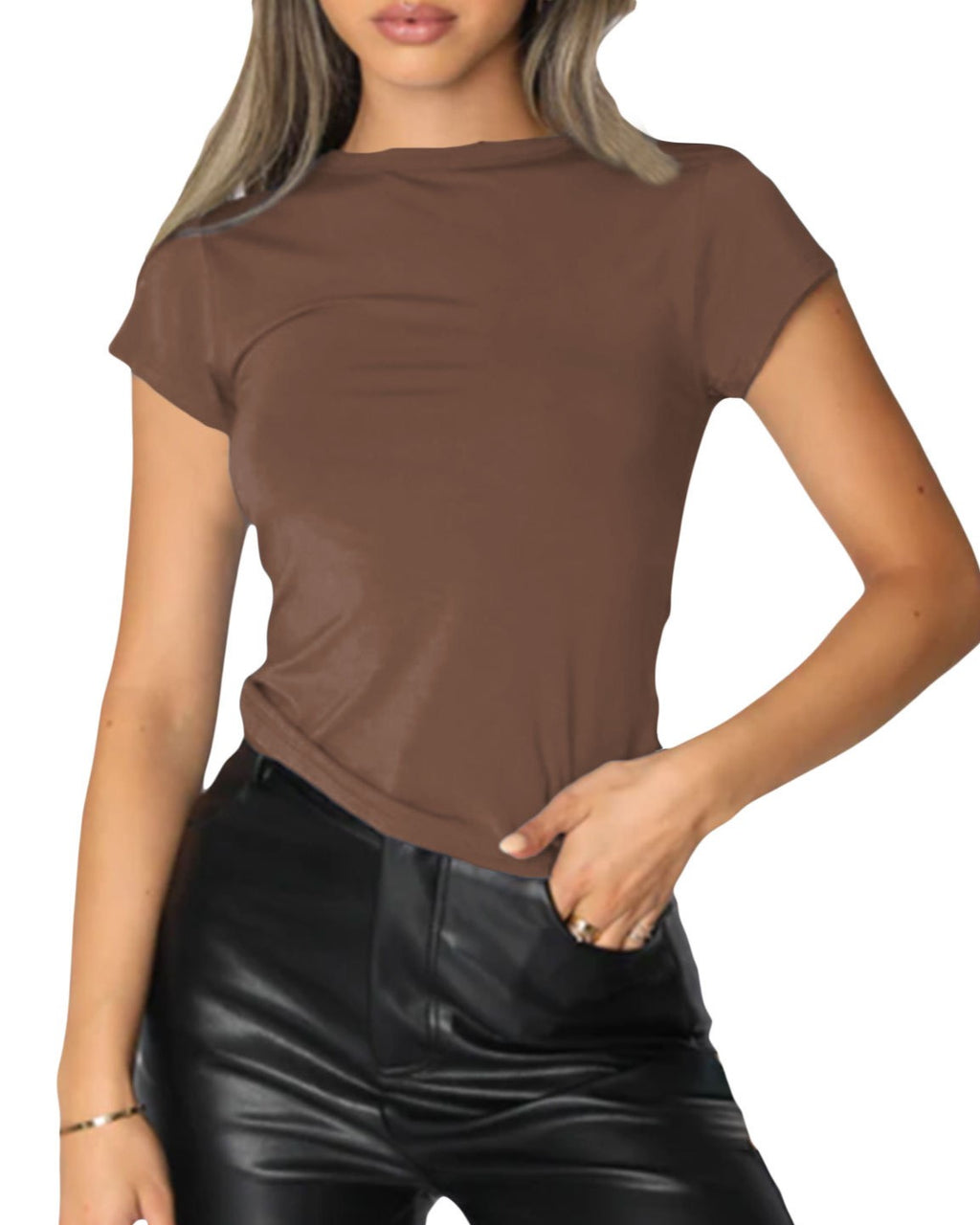 Slim Fit Crew Neck Basic Top - Brown_S