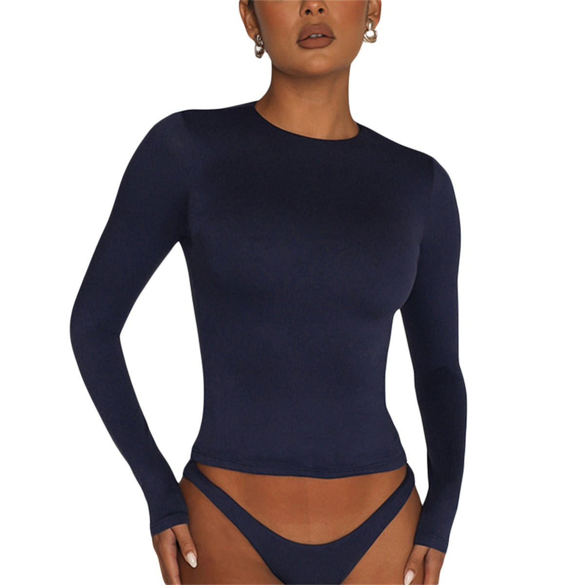 Slim Fit Crew Neck Basic Top - DkBlue_L