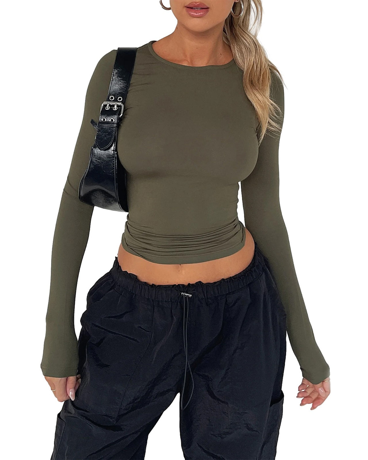 Slim Fit Crew Neck Basic Top - DkGreen_L