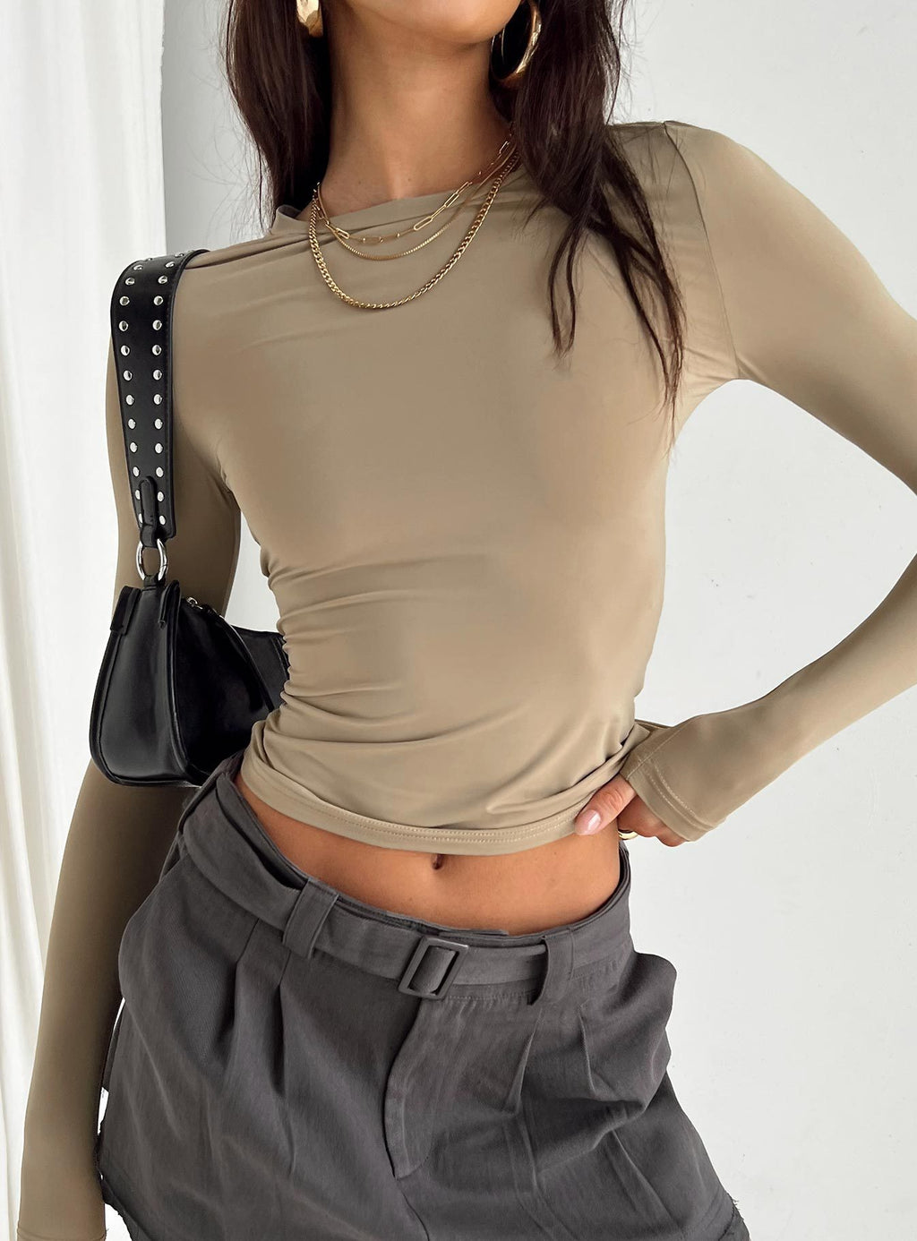 Slim Fit Crew Neck Basic Top - Khaki_L