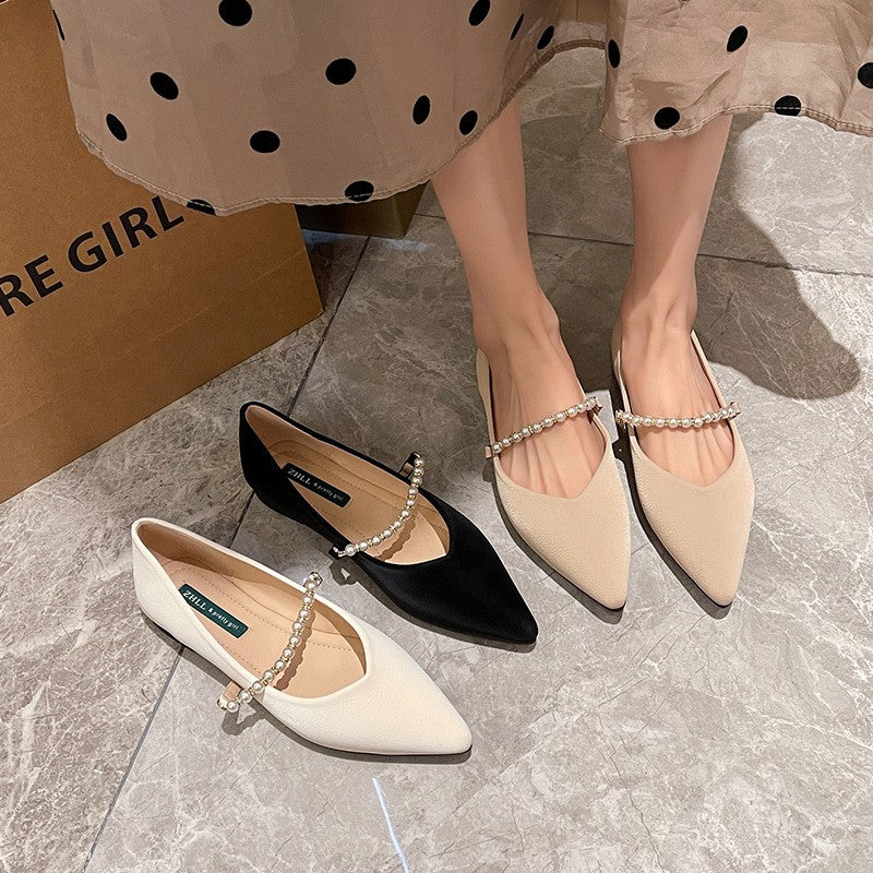 Pointed Toe Pearl Strap Mary Jane Flats