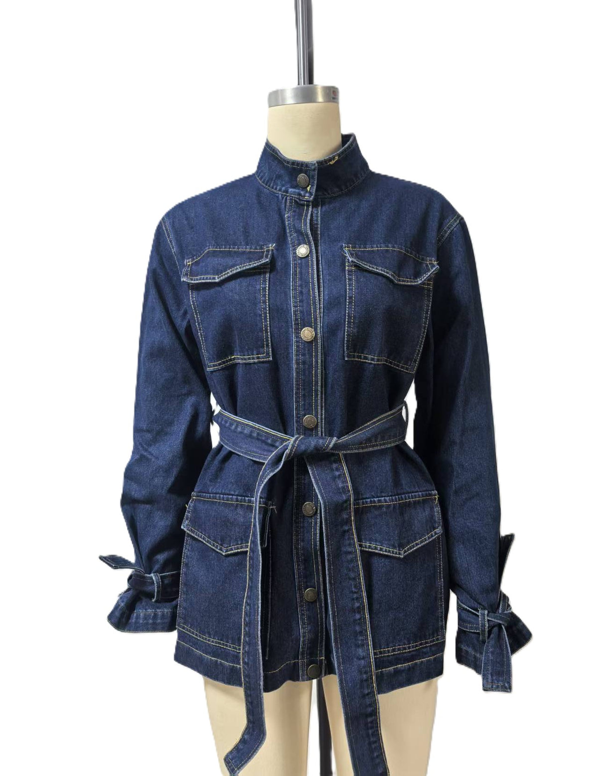 Belted Denim Shirt Jacket with Flap Pockets - Blue