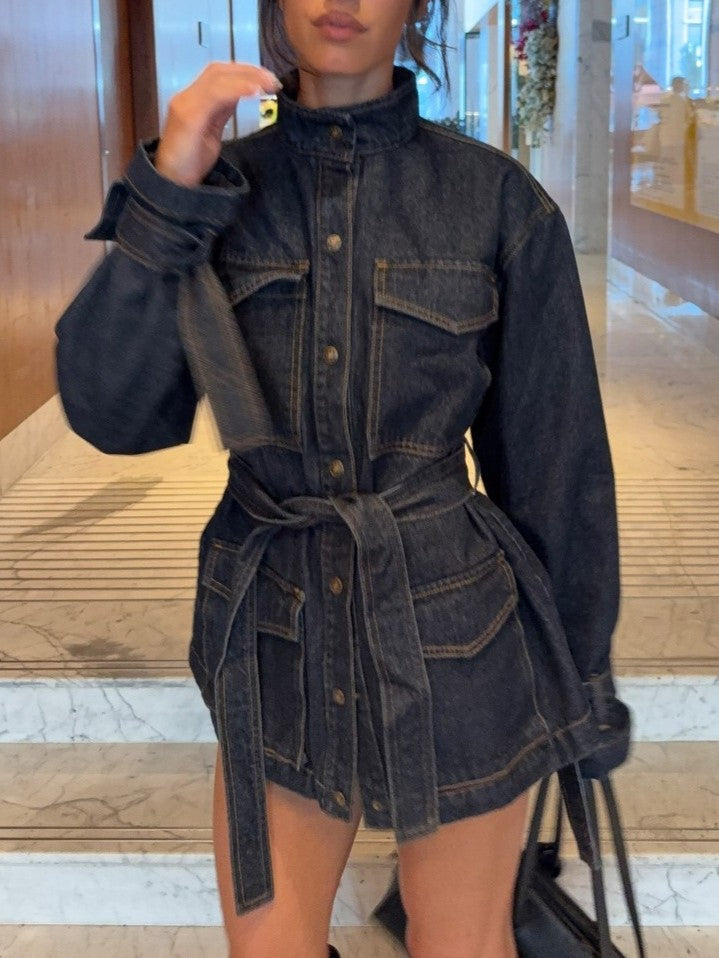 Belted Denim Shirt Jacket with Flap Pockets - view 1
