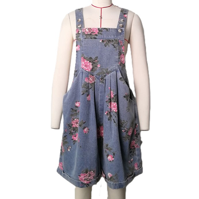 Rose Print Chambray Bib Playsuit - Blue