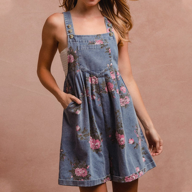 Rose Print Chambray Bib Playsuit - Blue - 1