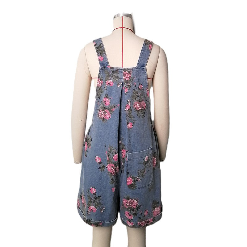 Rose Print Chambray Bib Playsuit - Blue - 2