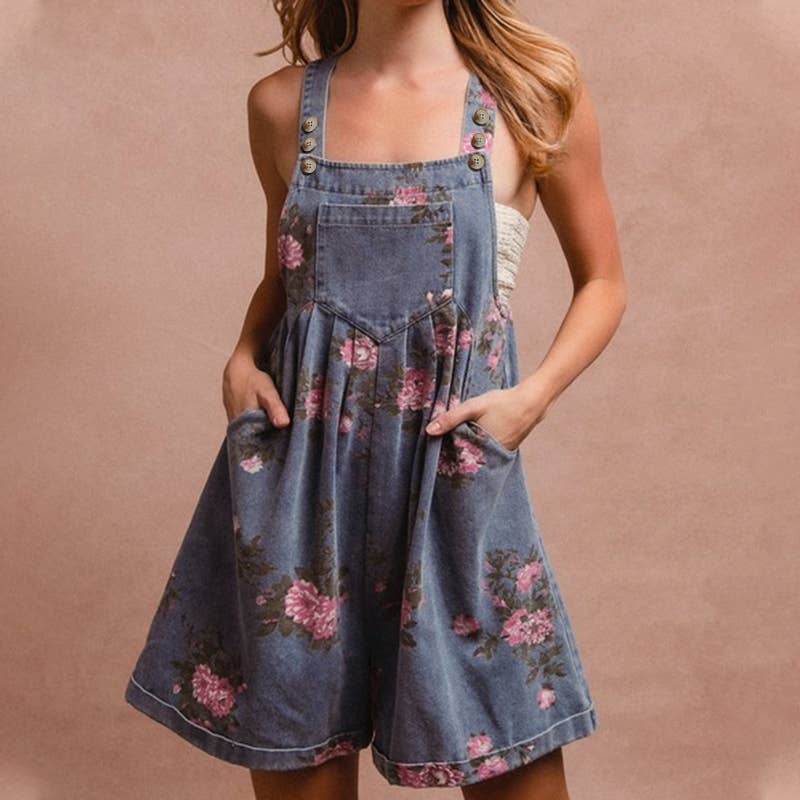 Rose Print Chambray Bib Playsuit