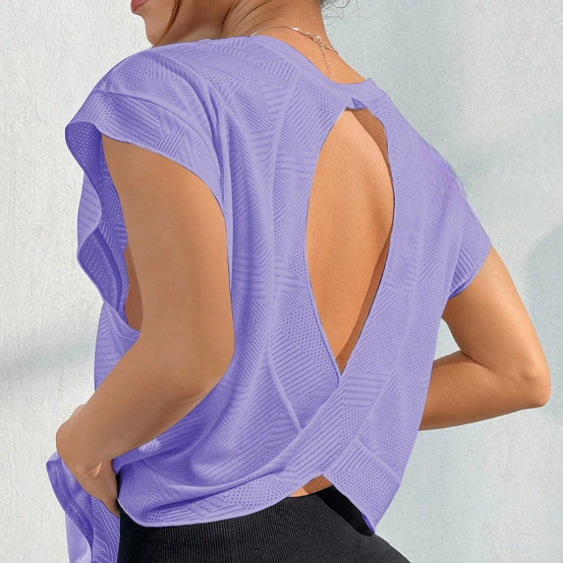 Cutout Twist Back Cap Sleeve Workout Tee - Violet