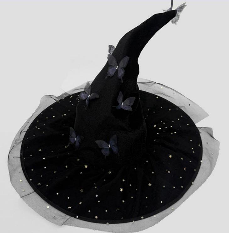 Starry Mesh Witch Hat With Butterfly Trim - Black