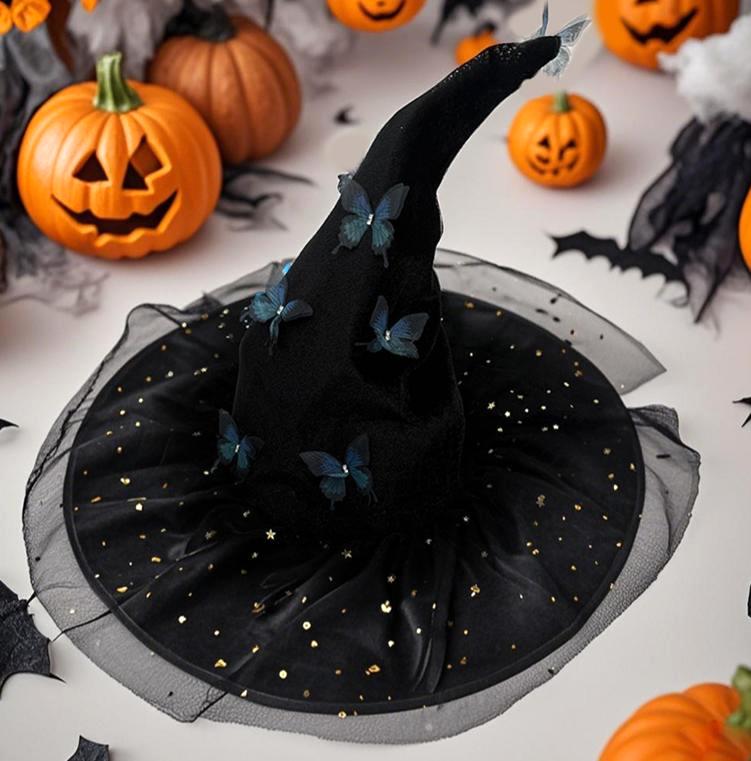 Starry Mesh Witch Hat With Butterfly Trim - LBlack