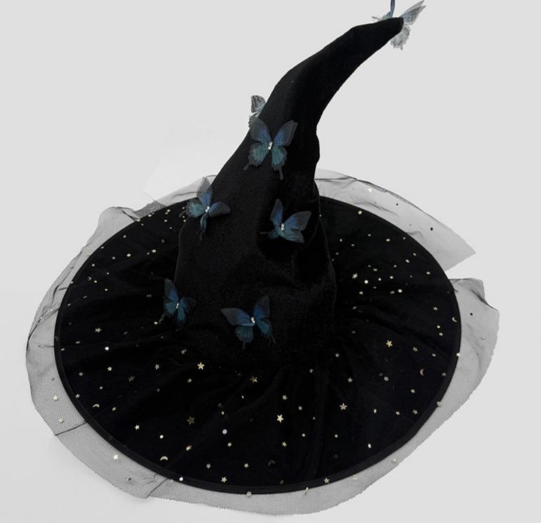 Starry Mesh Witch Hat With Butterfly Trim - LBlack - 1