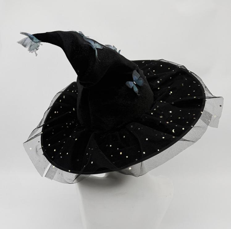 Starry Mesh Witch Hat With Butterfly Trim - LBlack - 2