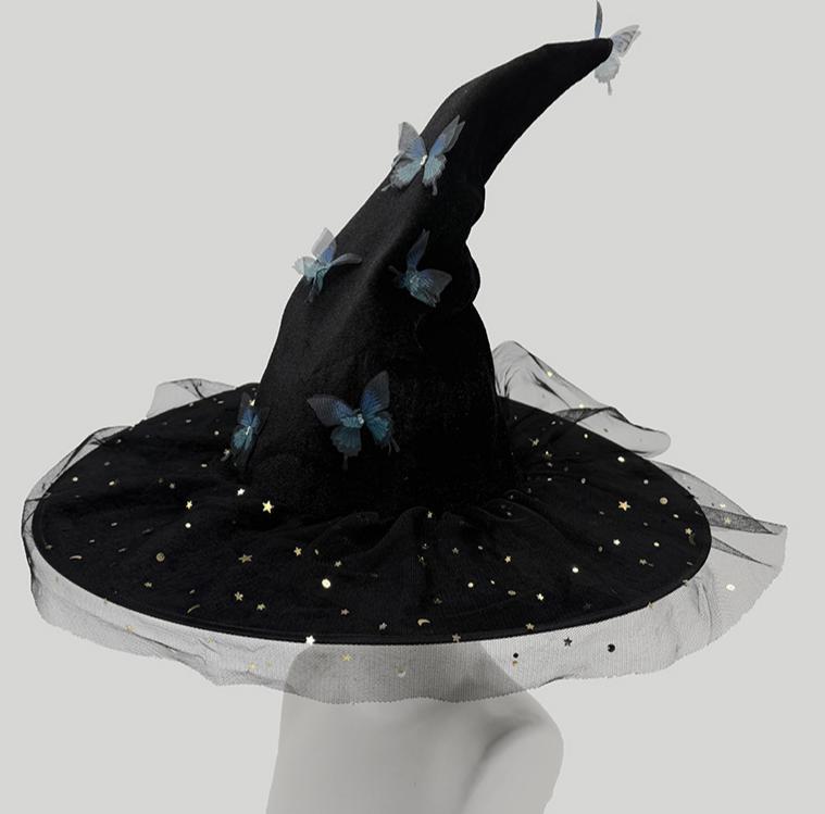Starry Mesh Witch Hat With Butterfly Trim - LBlack - 3