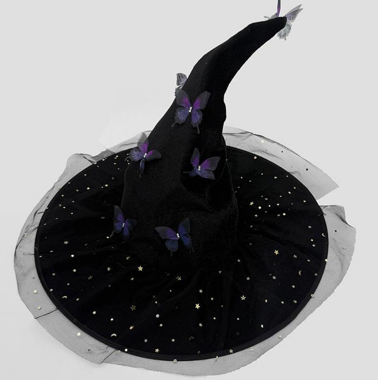 Starry Mesh Witch Hat With Butterfly Trim - PBlack