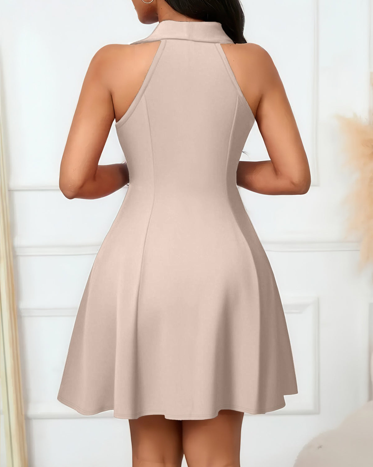 Sleeveless Polo Collar Skater Mini Dress - Apricot - 1
