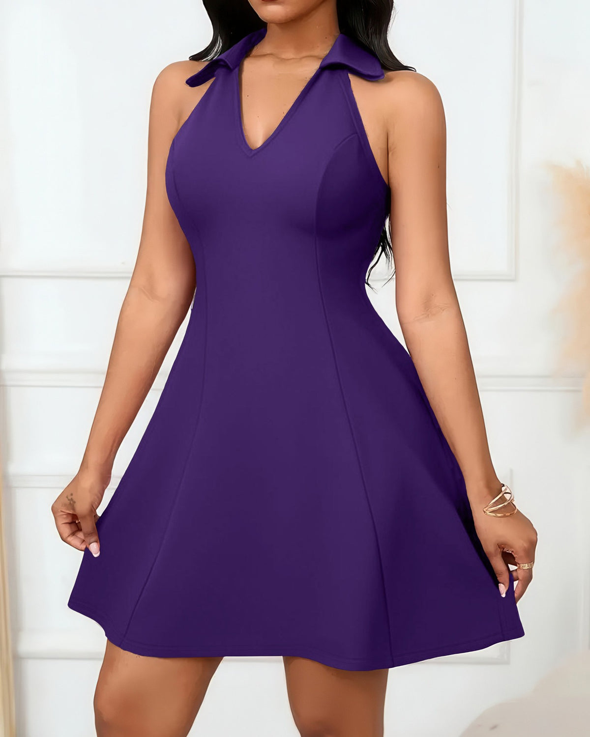 Sleeveless Polo Collar Skater Mini Dress - Purple