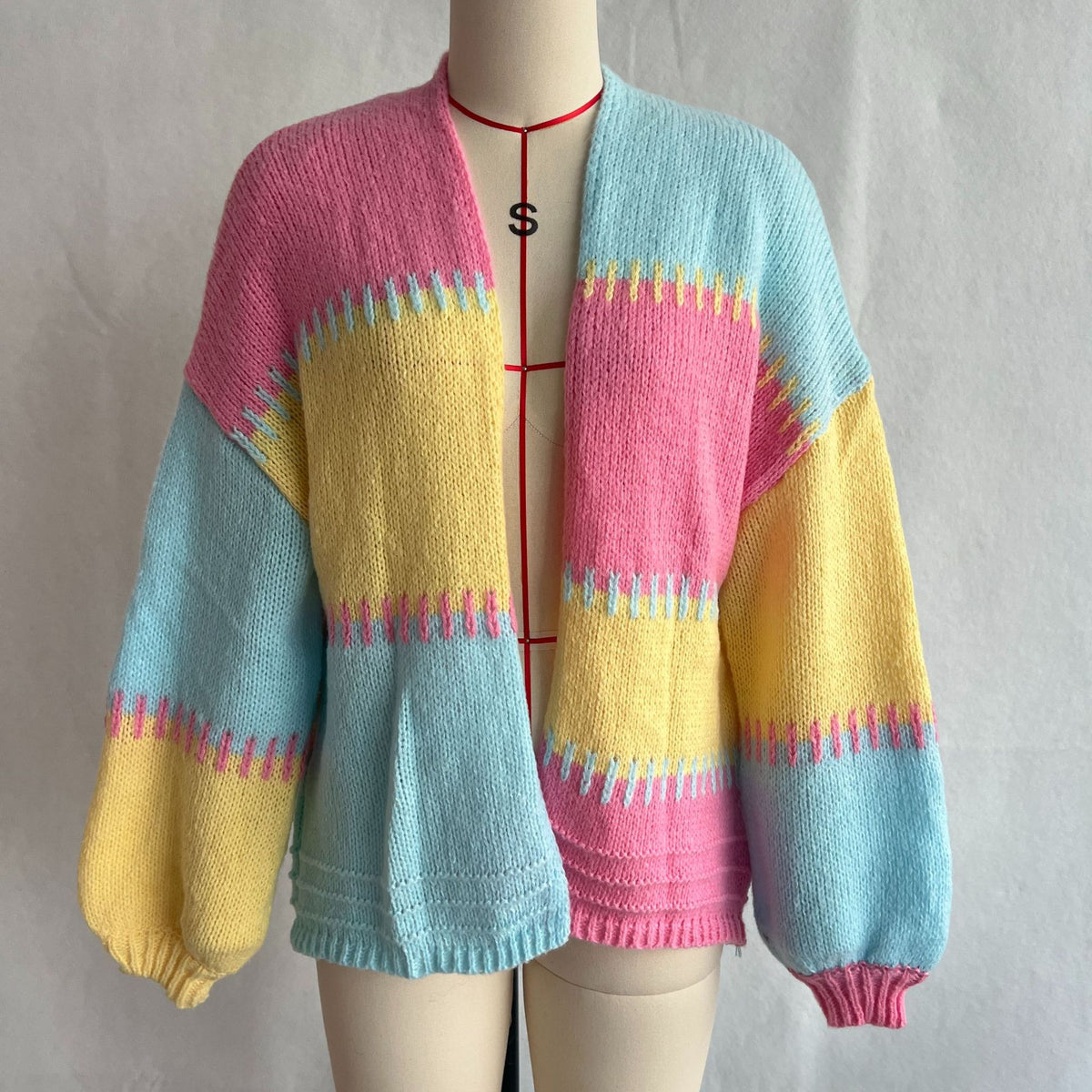 Balloon Sleeve Colorblock Knit Cardigan - Pink