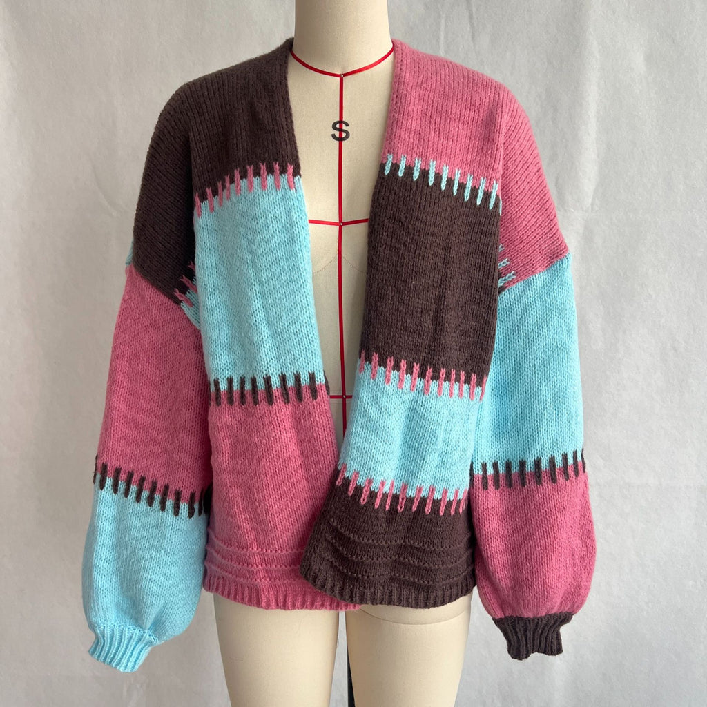 Balloon Sleeve Colorblock Knit Cardigan - Rose