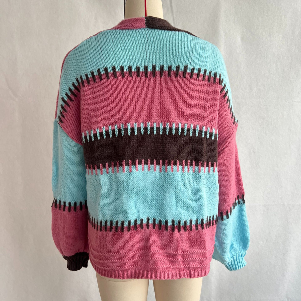 Balloon Sleeve Colorblock Knit Cardigan - Rose - 1