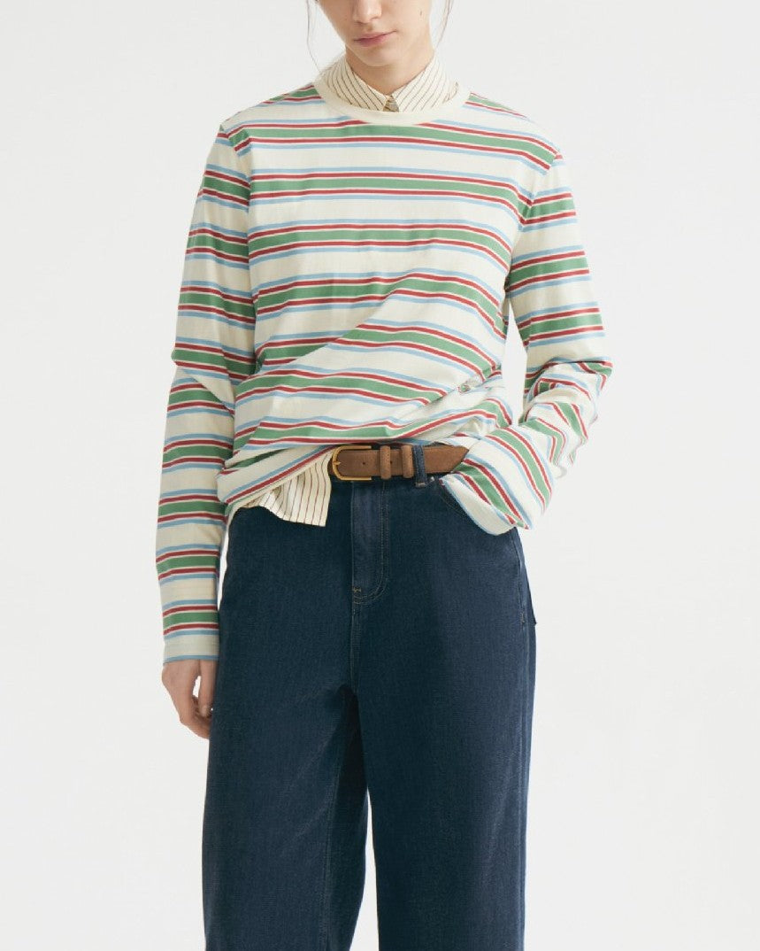 Multi Stripe Long Sleeve Crew Tee - Green - 1