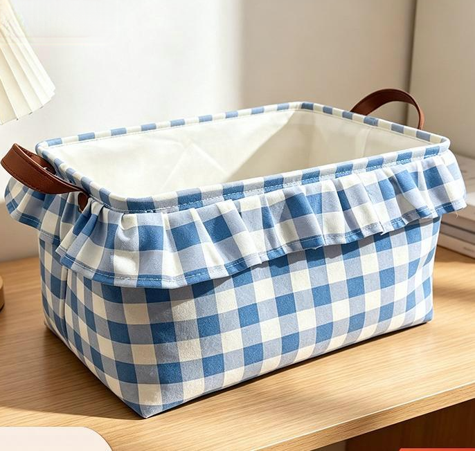 Ruffled Gingham Fabric Basket With Carry Handles - Blue