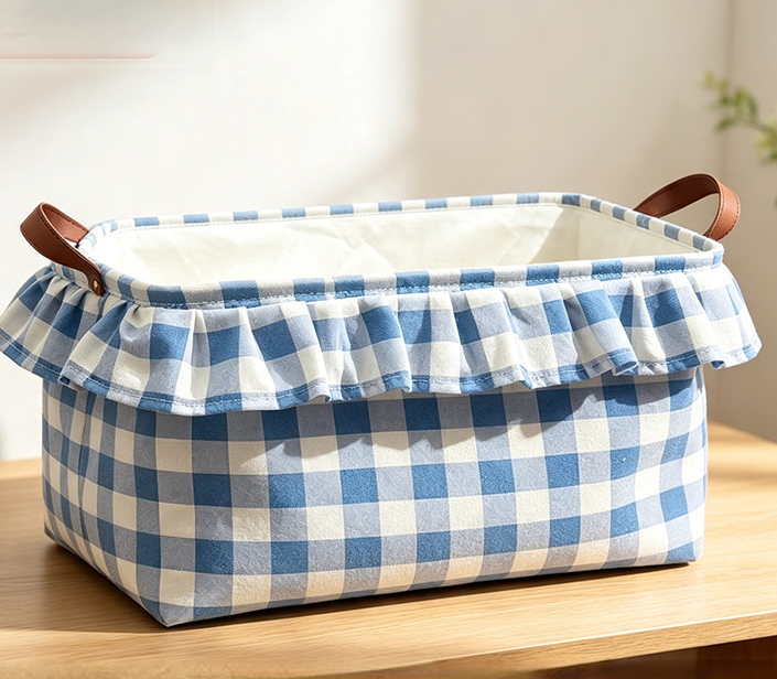Ruffled Gingham Fabric Basket With Carry Handles - Blue - 1