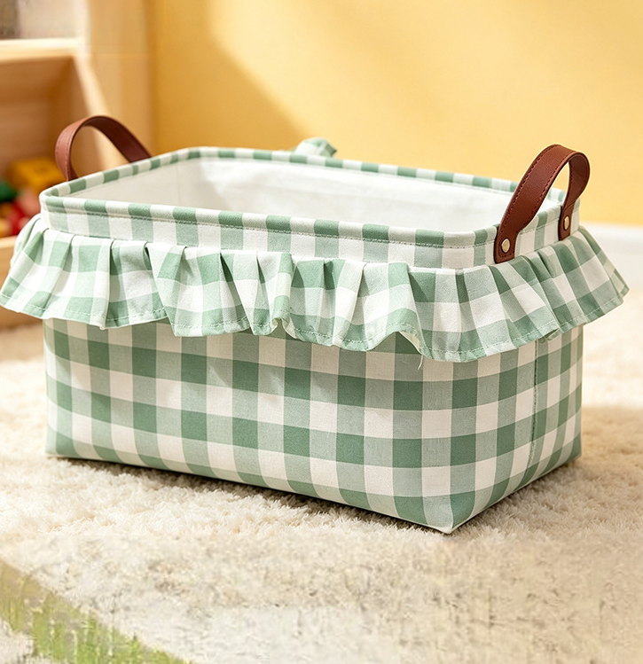 Ruffled Gingham Fabric Basket With Carry Handles - Green